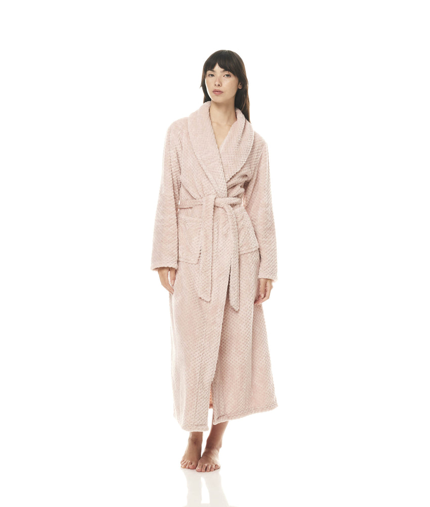 
                  
                    Enid Plush Robe | Pink Enid is a plush pink robe that offers luxurious comfort and style. Made with 100% polyester, this robe is soft to the touch and perfect for lounging around the house or relaxing after a long day. The robe is designed with a classic, timeless look and features a cosy shawl collar, long sleeves, and a self-tie belt to cinch the waist. 
                  
                