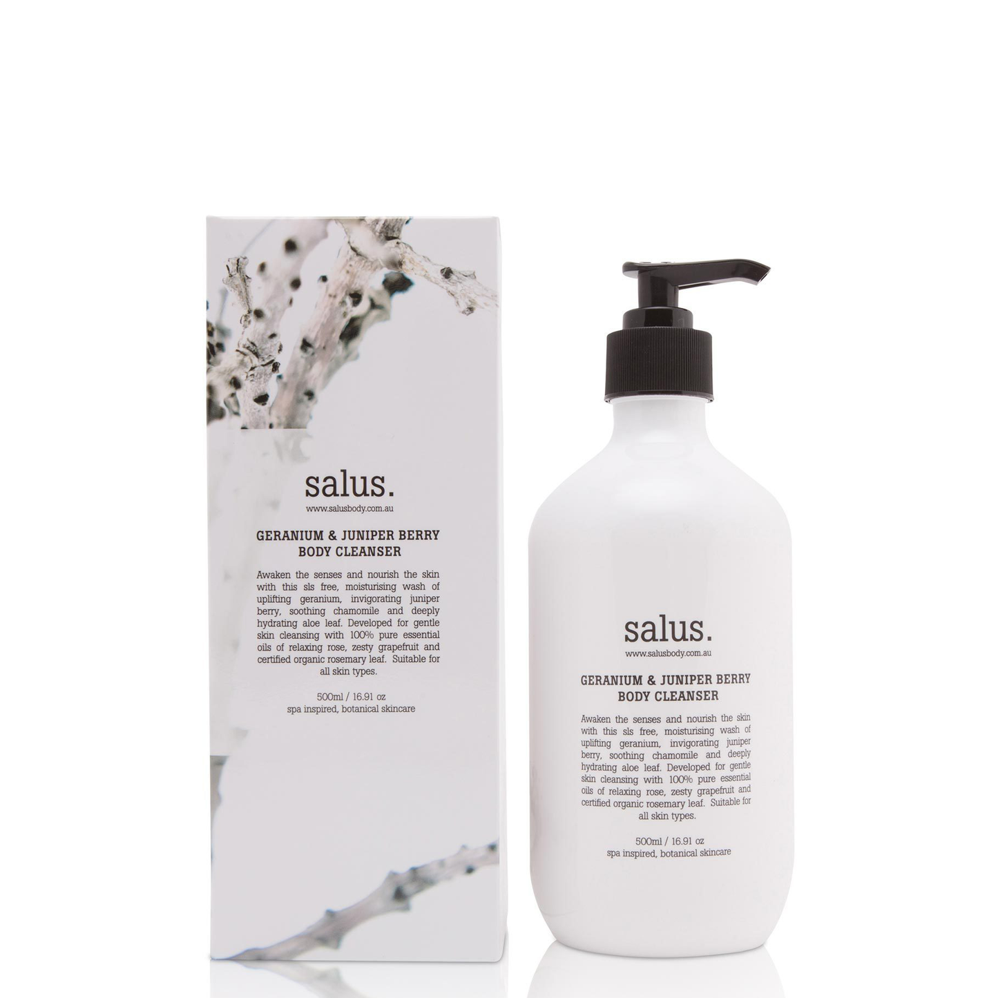Geranium & Juniper Berry Body Cleanser (500ml) A soothing and replenishing SLS free body wash formulated with hydrating aloe, cleansing chamomile, certified organic rosemary leaf extract and a rejuvenating blend of geranium, juniper berry, grapefruit and rose essential oils.