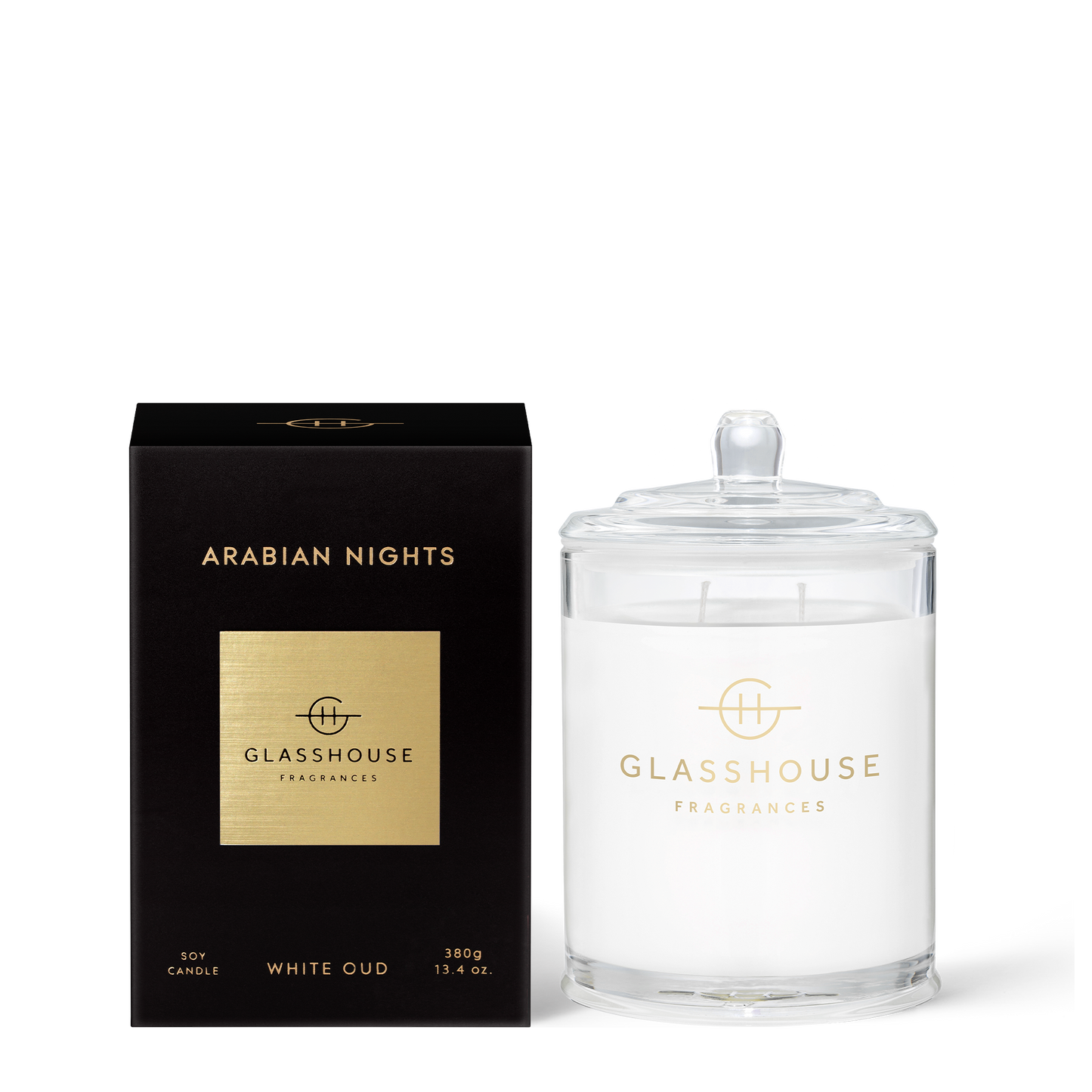 Arabian Nights 380g Candle White Oud  A transcendent everyday luxury, it creates instant ambience. Like a stroll through Dubai’s perfume souk at dusk, it’s rich with saffron and white oud.