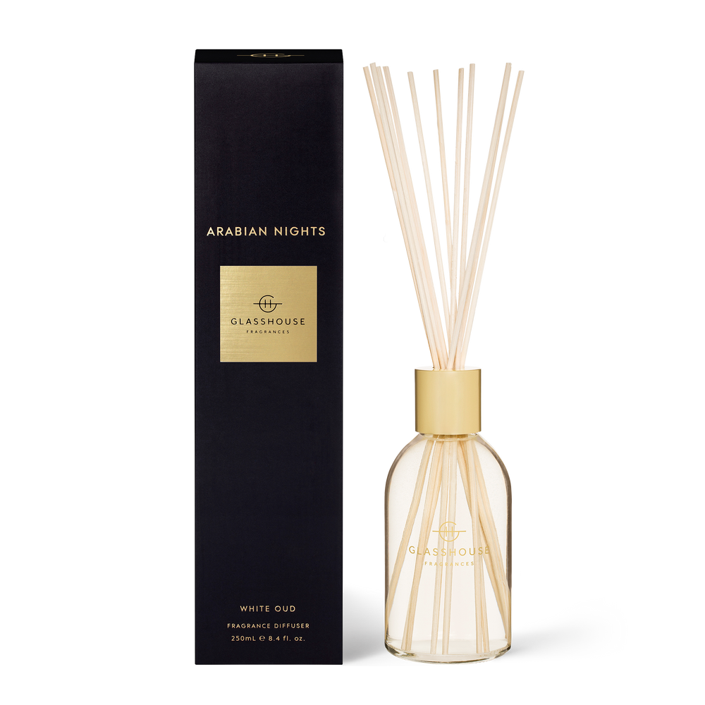 Arabian Nights Diffuser White Oud  A transcendent everyday luxury, it creates instant ambience. Like a stroll through Dubai’s perfume souk at dusk, it’s rich with saffron and white oud.