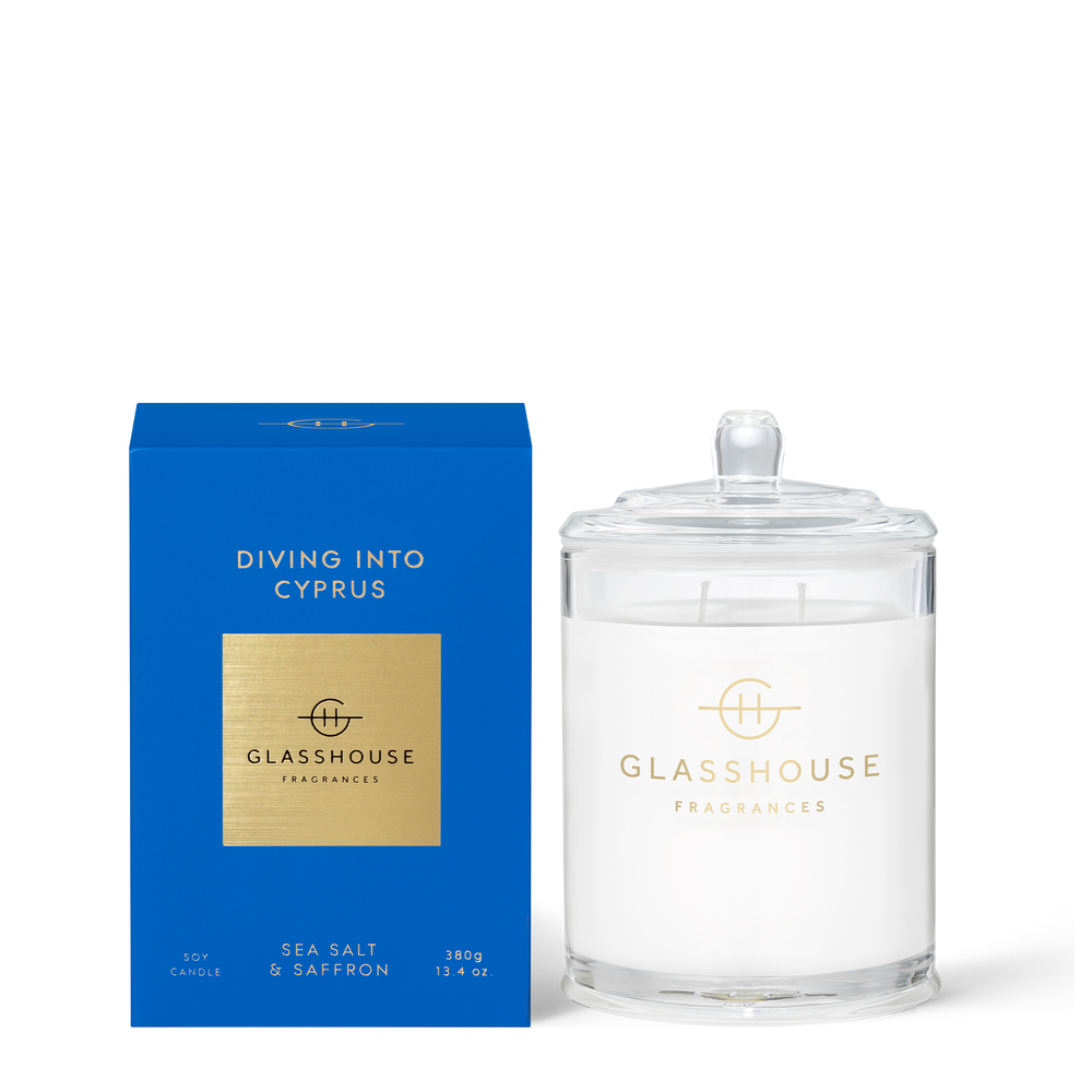Diving Into Cyprus 380g Candle A transcendent everyday luxury, it creates instant ambience. Bracing, like a dip in the Med sea, with amber and peach balanced by woods, lavender and moss.