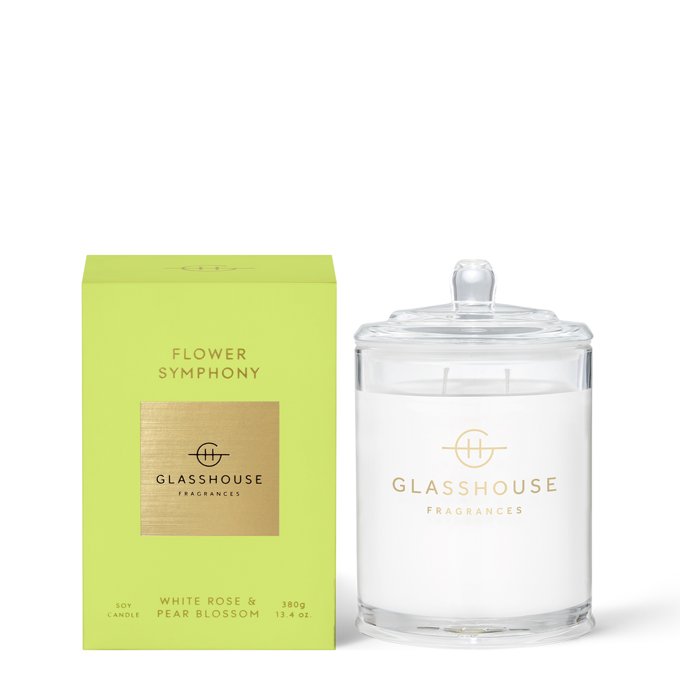 Flower Symphony 380g Candle A transcendent everyday luxury, it creates instant ambience. A trio of blooms (rose, jasmine and freesia) and juicy pear sing together in harmony.