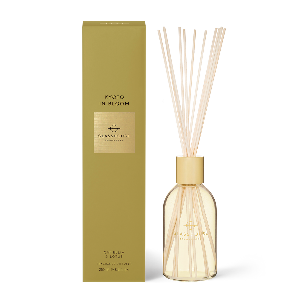 Kyoto In Bloom Diffuser Camellia & Lotus  A transcendent everyday luxury, it creates instant ambience. Sweet, ethereal, diaphanous - like lotus and cherry blossoms caught in a spring breeze.