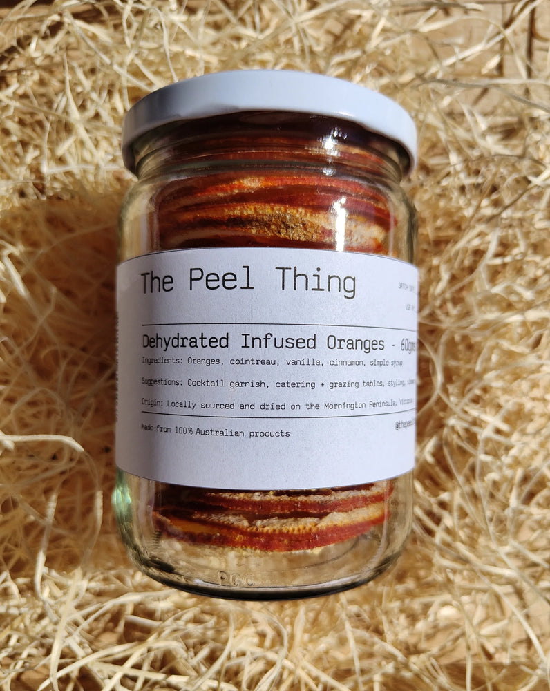 Dehydrated / Infused Oranges 60g The Peel Thing's popular infused oranges.  Natural oranges infused in our special mix of Vanilla Essence, Simple Syrup, Cinnamon & Cointreau.