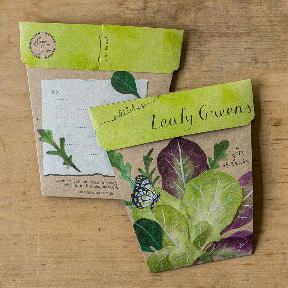 
                  
                    Leafy Greens Gift Of Seeds Introducing Leafy Greens to our ‘Edibles’ Gift of Seeds range. This pack includes a mix of lettuce, spinach and rocket seeds to make the handiest, easiest greenery for every meal. There is nothing quite like tucking into your own home grown produce after nurturing and watching it grow. The gift is not just the beautiful card but the joy of growing and of course, the delicious rewards at the end.
                  
                