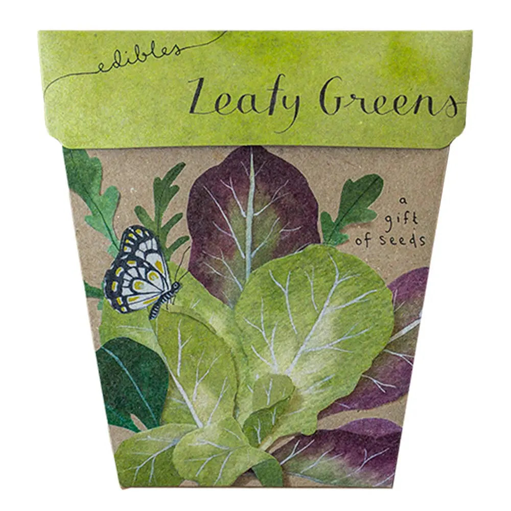 Leafy Greens Gift Of Seeds Introducing Leafy Greens to our ‘Edibles’ Gift of Seeds range. This pack includes a mix of lettuce, spinach and rocket seeds to make the handiest, easiest greenery for every meal. There is nothing quite like tucking into your own home grown produce after nurturing and watching it grow. The gift is not just the beautiful card but the joy of growing and of course, the delicious rewards at the end.