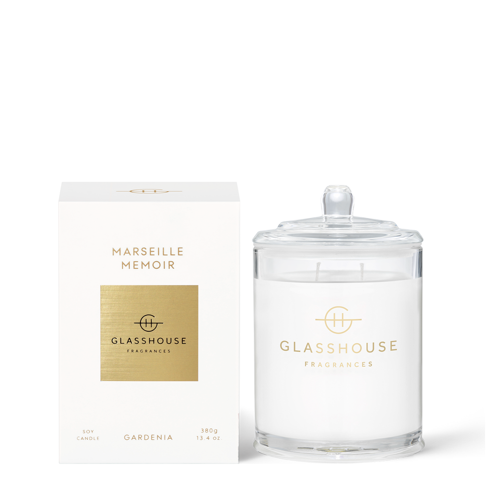 Marseille Memoir 380g Candle Gardenia  A transcendent everyday luxury, it creates instant ambience. Neroli, gardenia and breezy apple blossom will have you thinking of the Cote d’Azur.