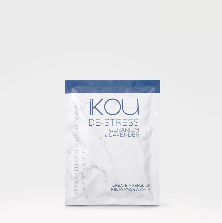 
                  
                    Aromatherapy Bath Soak | De Stress Slip into the healing waters of iKOU De-Stress Bath Soak.  The Benefits of Aromatherapy are well known for their powerful effect on the emotions. Studies have found Sea Salt baths improve the body’s responses to cope with stress, promote positivity and quality sleep patterns. Bathing in an iKOU Aromatherapy Bath Soak is one of the most effective ways to absorb the essential oil infused mineral salts and benefit from their soothing qualities.
                  
                