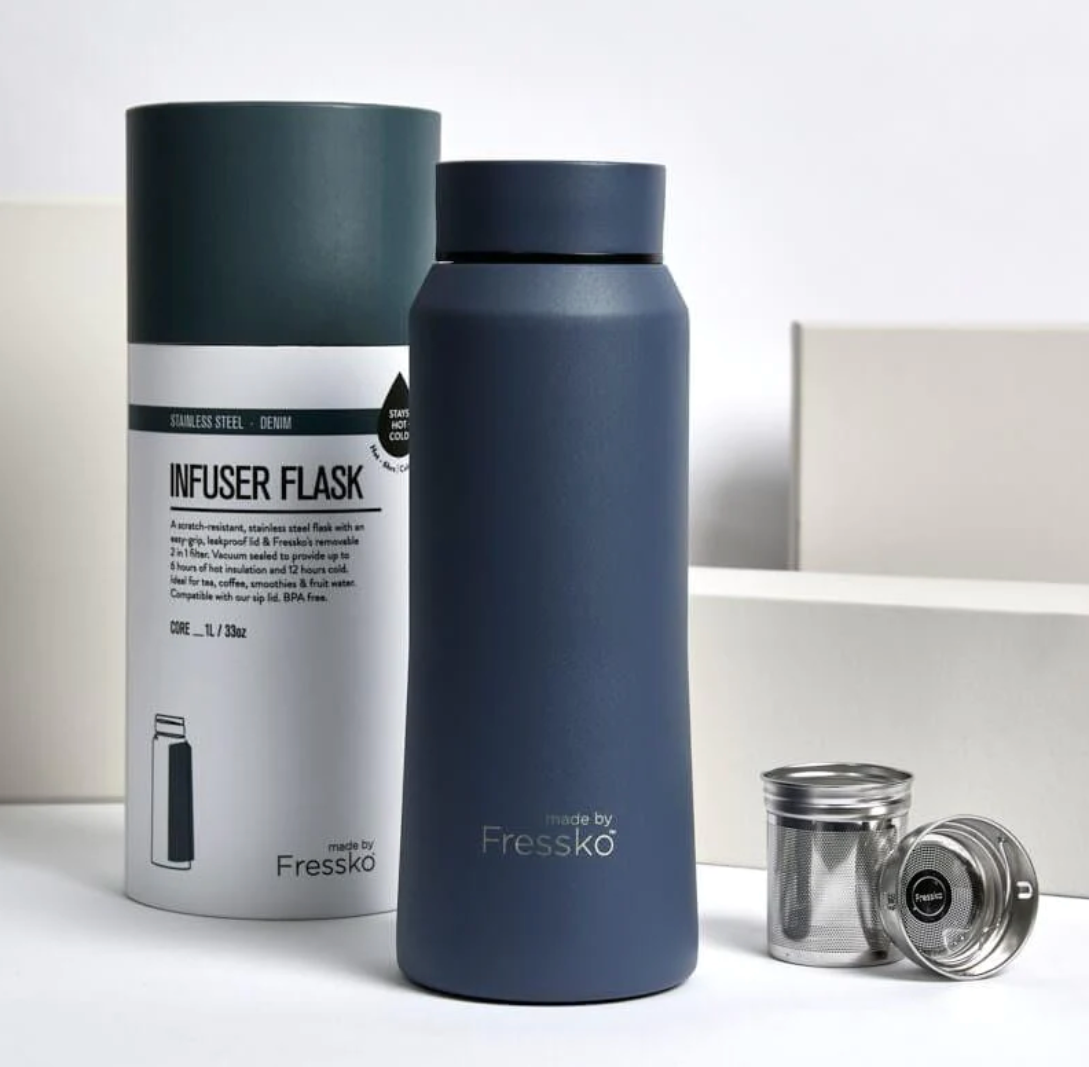 Core Flask 1L These stylish, chemical-free, stainless steel, insulated flasks include Fressko’s 2-in-1 filter and are the ideal brew-as-you-go companion. Easily brew your favourite tea, create detox waters or take hot soup to a picnic. It's one infuser bottle that does it all.