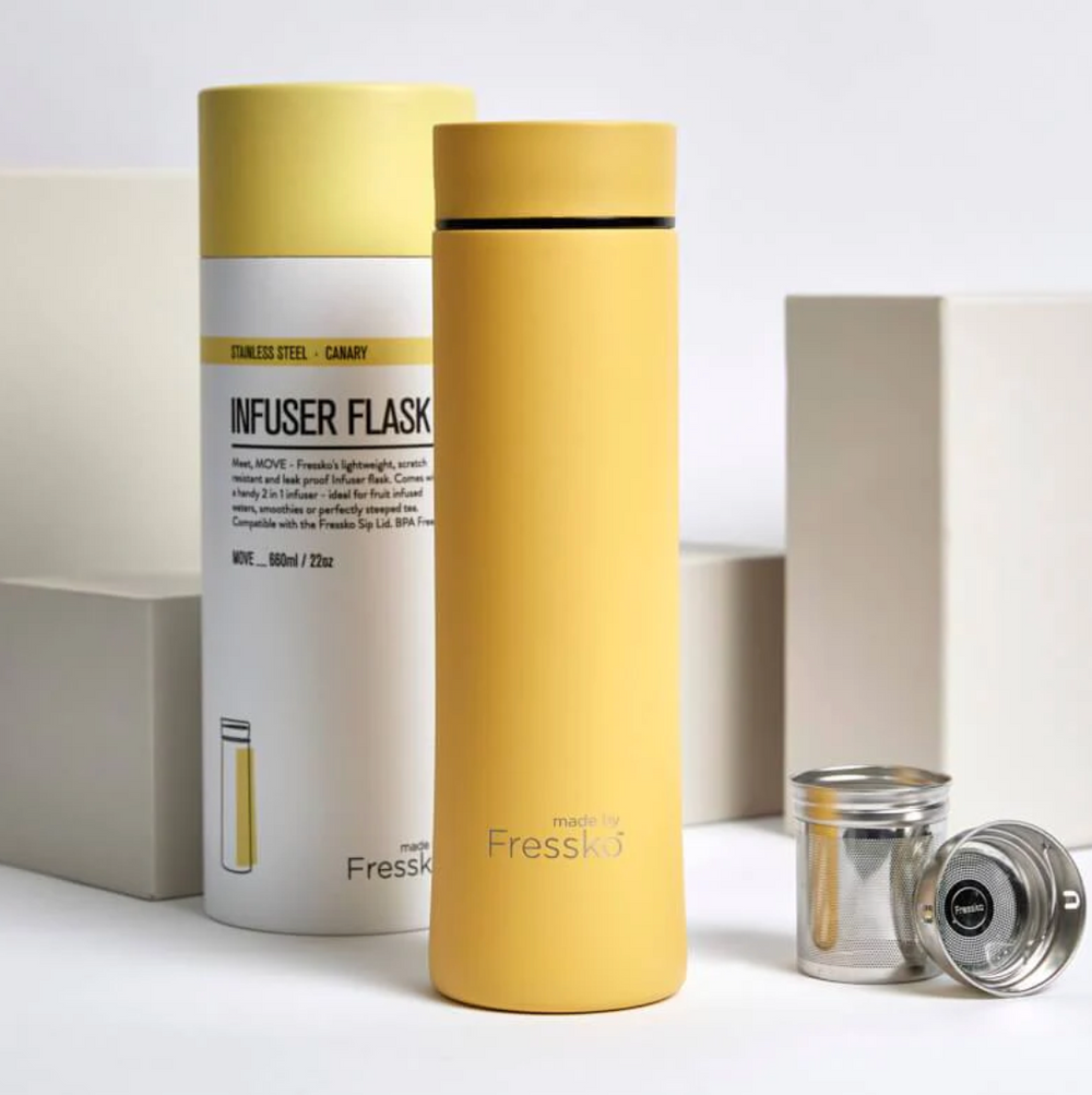 Move Flask 22oz These stylish, chemical-free, stainless steel, insulated flasks include Fressko’s 2-in-1 filter and are the ideal brew-as-you-go companion. Easily brew your favourite tea, create detox waters or take hot soup to a picnic. It's one infuser bottle that does it all.