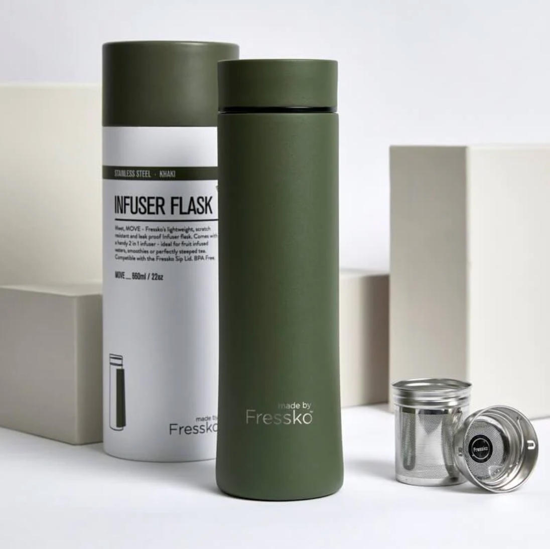 
                  
                    Move Flask 22oz These stylish, chemical-free, stainless steel, insulated flasks include Fressko’s 2-in-1 filter and are the ideal brew-as-you-go companion. Easily brew your favourite tea, create detox waters or take hot soup to a picnic. It's one infuser bottle that does it all.
                  
                
