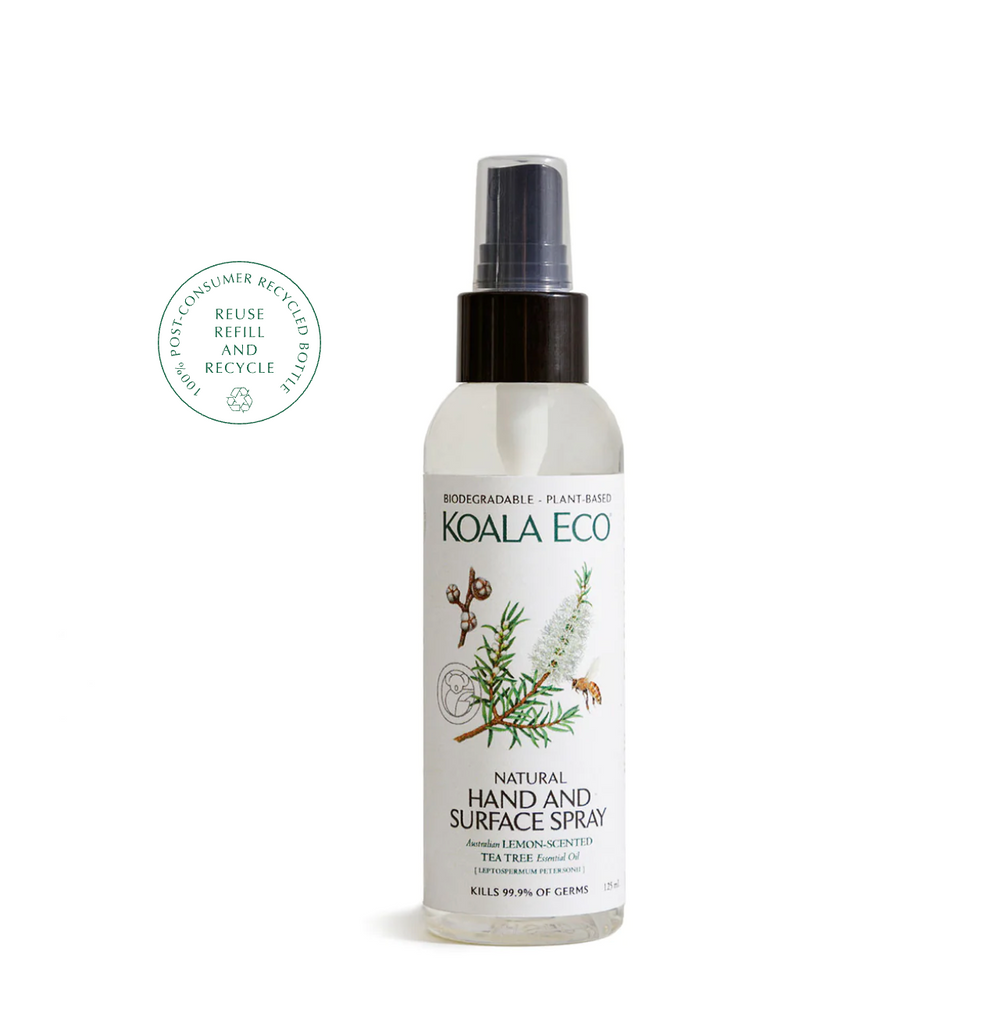 Hand & Surface Spray | Rosalina & Peppermint Koala Eco's Rosalina & Peppermint Hand & Surface Spray combines two of nature’s best antiseptics in one powerful, aromatic formula. This biodegradable and eco-friendly plant-based formula effortlessly and safely sanitizes hands and surfaces without the need for toxic chemicals.