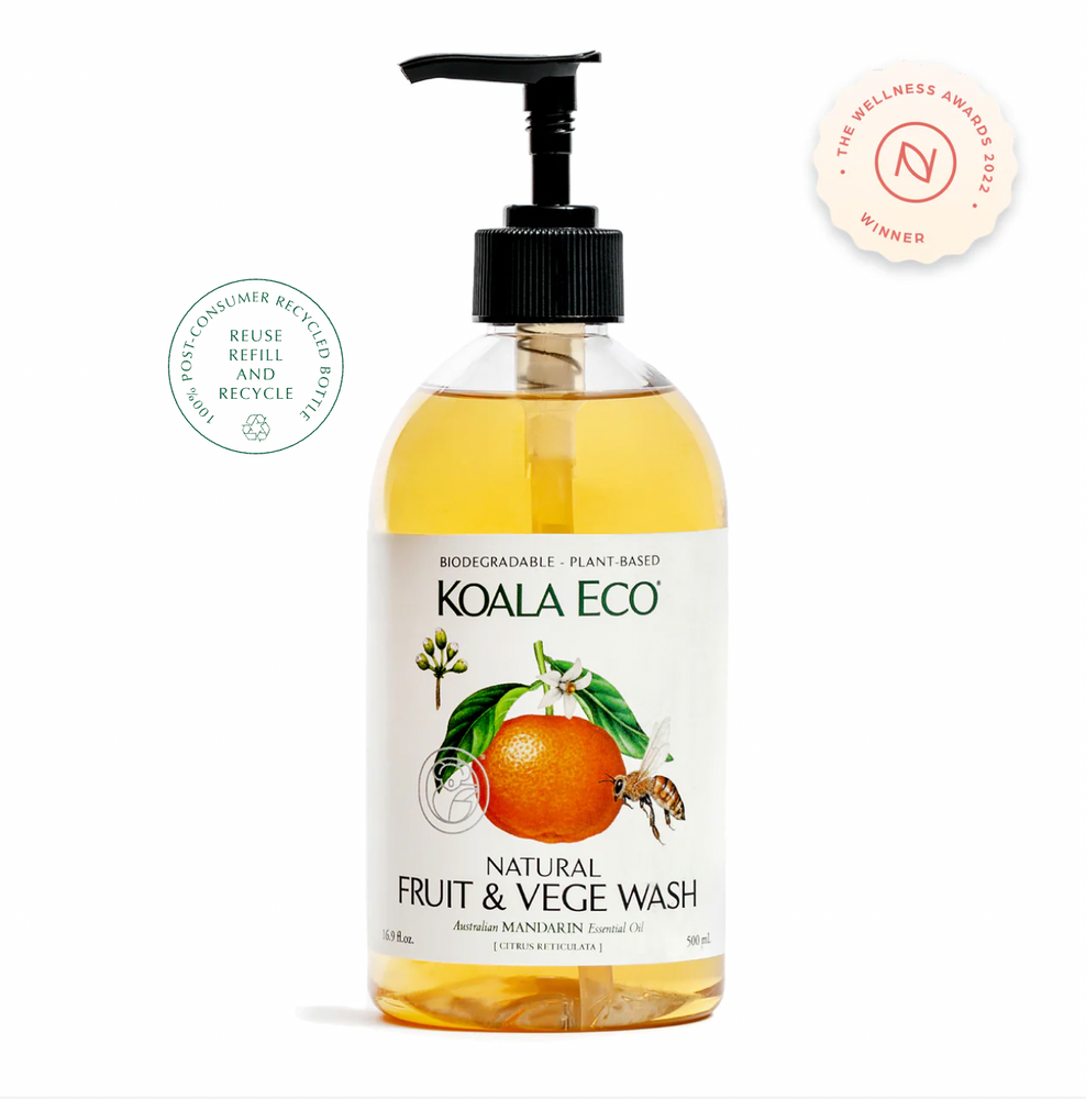 Natural Fruit & Vege Wash 500mL Our Mandarin Fruit & Vegetable Wash removes residual pesticides, oils, waxes and agricultural chemicals from fruit and vegetables, and leaves no aftertaste.