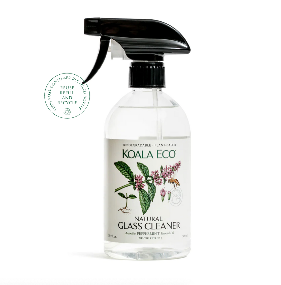 Natural Glass Cleaner 500 ml Our Peppermint Glass Cleaner cuts through film and polishes windows, glass doors and mirrors to smear-free perfection while discouraging dust from re-settling.