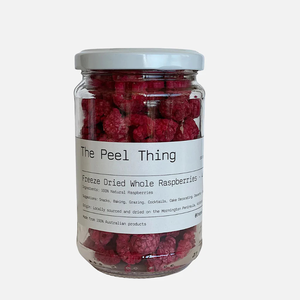 Freeze Dried Raspberries 40g Introducing The Peel Thing Freeze Dried Whole Raspberries, an exclusive gourmet ingredient sourced from the Mornington Peninsula. Their freeze-drying method locks in locally-harvested berries at the peak of freshness, bringing you a fresh flavor and superior nutrition, with no added preservatives or sugars. Enjoy the delicately-sweet taste and vibrant, ruby-red hue of fresh-picked raspberries, right in your kitchen.