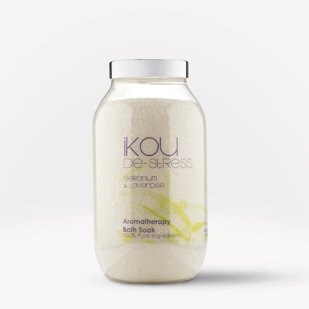 Aromatherapy Bath Soak | De Stress Slip into the healing waters of iKOU De-Stress Bath Soak.  The Benefits of Aromatherapy are well known for their powerful effect on the emotions. Studies have found Sea Salt baths improve the body’s responses to cope with stress, promote positivity and quality sleep patterns. Bathing in an iKOU Aromatherapy Bath Soak is one of the most effective ways to absorb the essential oil infused mineral salts and benefit from their soothing qualities.
